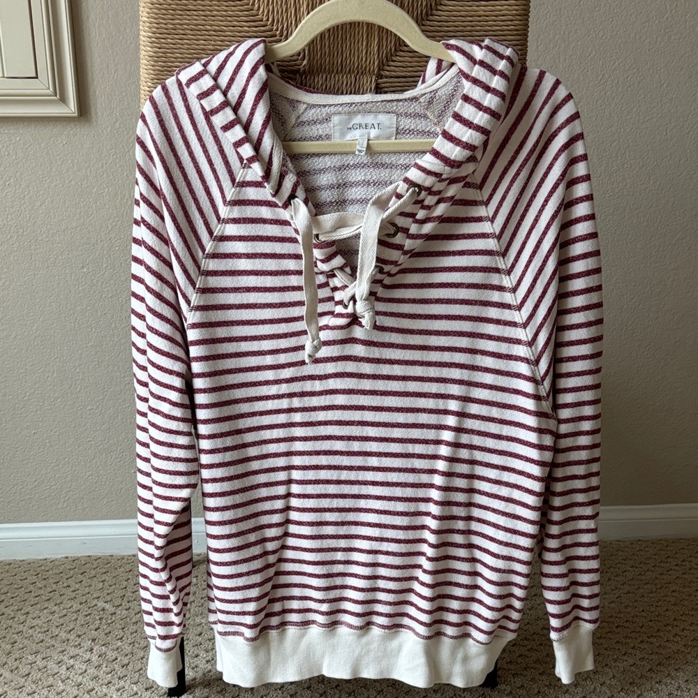 THE GREAT. Burgundy and White Striped Women's Sweatshirt
